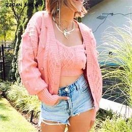 1 set Autumn Korea Style Vintage Knitting 3D Ball Cardigan Single-breasted Button Tank Top Long Sleeve Sweater Jumper 210429