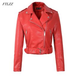 Women Autumn Winter Faux Soft Leather Jackets Lady White Red Black Green Pu Zippers Motorcycle Street Coats With Belt 210423