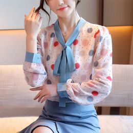 Fashion Chiffon Women Blouses Woman Polka Dot Shirts Casual Bow Tie Tops Plus Size Ladies and 210531