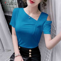 Summer Korean Clothes Cotton Fold T-Shirt Fashion Solid Off Shoulder Women Tops Short Sleeve Bottoming Shirt Tees T13018A 210421