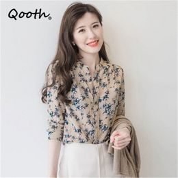 Qooth Printed Floral Plus Size Shirt Spring Summer Chiffon Shirt Female Korean Design Long-Sleeved Causal Sweet Tops QT575 210518