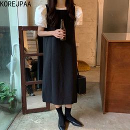 Korejpaa Women Dress Sets Summer Korean Chic Elegant Round Neck Bubble Sleeve Shirt and U-shaped Hollow Out Vest Skirt Suit 210526