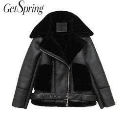 GETSPRING Women Coat Faux Leather Jackets Womans Fur Plus Size Black All Match Vintage Winter 210601