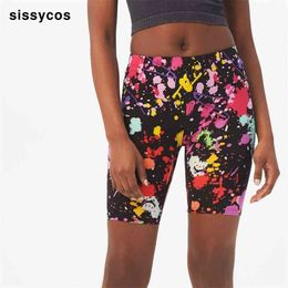 Tie Dye Printed Biker Short Leggings for Women Artistic Splash Summer Fitness Elastic Brushed Buttery Soft Workout Push Up Pants 210925