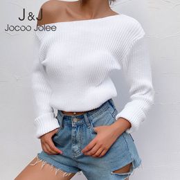 Jocoo Jolee Elegant White Asymmetrical Pullovers Sexy Slash Neck Knitted Sweater Cropped Tops One Shoulder Knitted Jumpers 210518