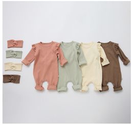 Baby Rompers Jumpsuits Ribbed Cotton Plain Bodysuits with Headbands 2pcs Ruffed long sleeve Babies Jumpsuit Clothes M3845