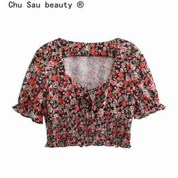 Fashion Summer Casual Chic Floral Print Crop Tops Women Holiday Style Elastic Waist Square Collar Short Blouses Female 210508