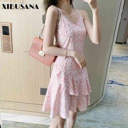 Summer Holiday Party Mini Dresses Floral Print Ruffle Women Bohemian Vestidos V Neck Strap Elegant Chiffon 210423