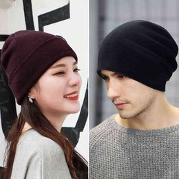 Winter Hat For Women Men Warmer Knitted New Beanie Cap For Men Fluorescent Black Solid Color Autumn Female Bonnet Casual Cap Y21111