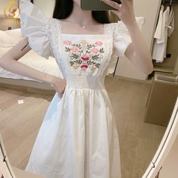 Fashion Sweet Embroidered Flowers Dress Women's Square Collar Flying Sleeves Elastic Waist Mid-Length 210520