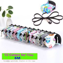 5m Retractable Dog Leash 13 Colors Fashion Printed Puppy Auto Traction Rope Nylon Walking Leash for Small Dogs Cats Pet Leads 210712