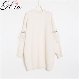 Winter Knit Pullovers Long Ruffles Sleeve Jumpers White Midi wear Dress Lace Patchwrok Mohair Soft Sweaters 210430