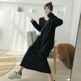 V-neck Women Fashion Loose Sweater Dress Autumn Long Sleeve Straight Knitted Oversized Vestidos Femme 210429