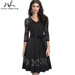Nice-forever Retro Elegant Lace Patchwork with Sash vestidos Party Women Flare A-line Autumn Dress A182 210320