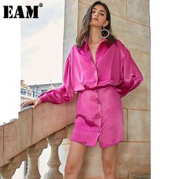 [EAM] Women Rose Red Stitch Brief Big Size Dress Lapel Long Sleeve Loose Fit Fashion Spring Summer 1W843 210512