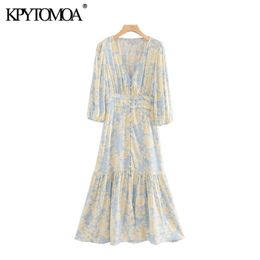KPYTOMOA Women Elegant Fashion Floral Print Ruffled Midi Dress Vintage V NecK Three Quarter Sleeve Female Dresses Vestidos 210325