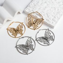 Metallic Frech Style Big Hoop Dangle Earring Korean Butterfly Gold Silver Colour Circle Earring for Women Party Jewellery