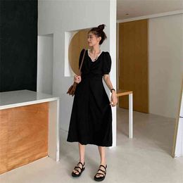 Women's Summer Dress Black High Waist Puff Sleeve Dresses Female Style Long Skirt Short Chiffon V-neck PL246 210506