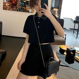 Crop Top Knit Women Skirt Set Peter Pan Collar Loose Mini Tracksuit 2 Korean Fashion Woman s Clothes Preppy Style 210514
