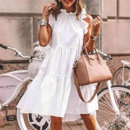 Fashion white ruffles dress women Summer Casual Loose Sleeveless Solid Colour O Neck Midi Dress Women elegant Vintage 210508