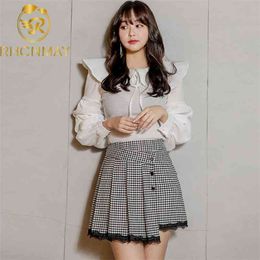 Korean version Spring and autumn style Lotus leaf Cape collar Frenulum Top+Thousand bird lattice Lace skirt 210506