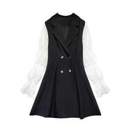 Black Patchwork Notch Collar Puff Sleeve Long Double-breasted Mini Dress Elegant Autumn D1718 210514