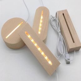 LED Solid Wooden USB Cable Night Light 3D Warm White Light Holder Lamp Wood Round Oval Rectangle Shape Lighted Base Stand