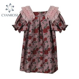 Women Vintage Floral Print Puff Sleeve Dress Summer Fashion Lace Square Collar Casual A Line Mini Vestidos Female 210515