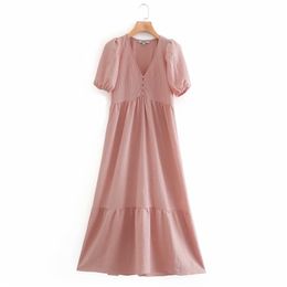 Summer Women Solid Pleated Dress Short Sleeve 100% Cotton V-Neck Buttons Spliced es Female Ruffles Elegant Cloth 210513
