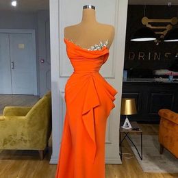 Orange Satin Evening Dresses 2021 Crystals Pleated Long Formal Prom Gowns Mermaid Sweep Train Cocktail Party Dress2589