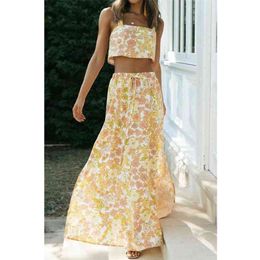 Women Summer Sweet Print 2-piece sets Sleeveless Camis Tank Tops and Skirts Female Fashion Street Two-pieces suits Clothes 210513