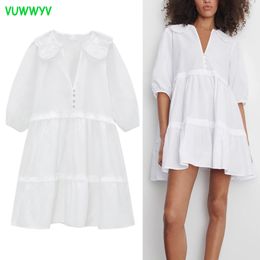 White Embroidery Poplin Short Dress Women Summer Chic Pleated Smock Design Woman Casual Peter Pan Collar Vestidos 210430