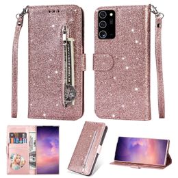 Multifunction Glitter Wallet Zipper Cases With Card Slot For iPhone 13 Pro Max 12 Mini 11 XR Samsung S20 S21 Ultra Note 20 A52 A51 A71 A72 5G Bling Leather Cover