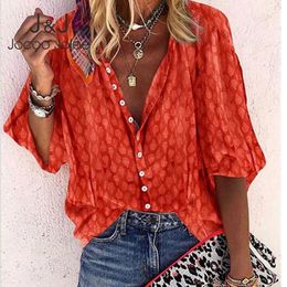 Jocoo Jolee Elegant V Neck Long Sleeve Shirts Casual Long Sleeve Polka Dot Loose Tops and Blouses Vintage Tops Chiffon Blouse 210518