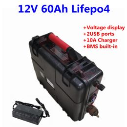 12v 60ah lifepo4 battery pack 12V built in bms with waterproof ABS case for 1200W electric car e-scooter motorcycle+10A charger