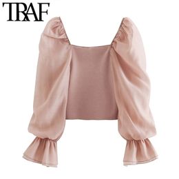 TRAF Women Sweet Fashion Patchwork Organza Knitted Blouses Vintage See Through Sleeve Stretch Female Shirts Chic Tops 210317