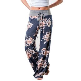 Causal Women Autumn Flower Print Pants Drawstring Wide Leg Pants Loose Straight Trousers Long Female Plus Size Trousers 210522