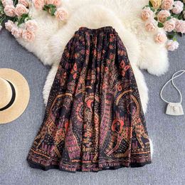 Retro Ethnic Print Skirt High Waist Slimming Mid-length Vacation All-match Female Summer Dress GK708 210507