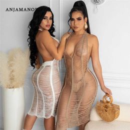 ANJAMANOR Sexy Hollow Out Crochet Knitted Beach DrWomen Summer Vacation Outfits 2021 Open Back Halter Midi Dresses D48-CF23 X0529