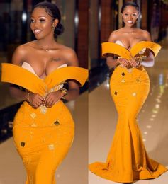 2022 Plus Size Arabic Aso Ebi Yellow Luxurious Mermaid Prom Dresses Beaded Crystals Evening Formal Party Second Reception Birthday Engagement Gowns Dress ZJ204