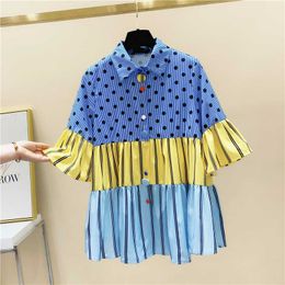 Summer Panelled Fashion Design Women Shirts Polka Dot Spliced Striped Turn Down Collar Shirt 210615