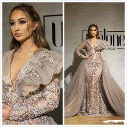 African Dubai Luxurious Lace Evening Dresses Deep V-neck Mermaid Beaded Long Sleeves Prom Dress Sexy Formal Party Pageant Gowns