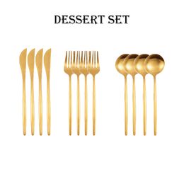 12pcs Matte Gold Stainless Steel Cutlery Dessert Set Spoons Knife Fork tableware Drink Ice Cream Utensils Afternoon Tea Kitchen