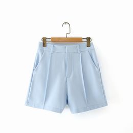 causal women pocket shorts summer fashion ladies sky blue elegant female zipper chic girls short 210430