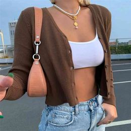Vintage 90S Brown Knit Single-Breast Long Sleeve Women Y2k T-Shirt Female Casual V Neck Crop Tops Tee Shirt Streetwear 210510