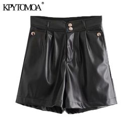 KPYTOMOA Women Chic Fashion Faux Leather Side Pockets Shorts Vintage High Waist Zipper Fly Female Skirts Mujer 210323