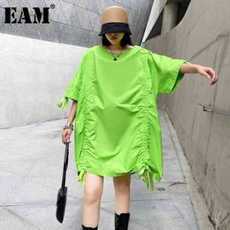 [EAM] Women Green Drawstring Big Size Dress Round Neck Half Sleeve Loose Fit Fashion Spring Summer 1DD8417 21512