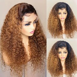 Synthetic Lace Closure Wig Afro Kinky curly Long Ombre light brown Hair Natural Style 18Inch For Women