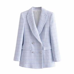 Women Fashion Light Blue White Plaid Tweed Blazer Coat Vintage Double Breasted Female Office Lady Chic Tops 210514