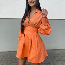 Casual Woman Orange Slim Hollow Out Shirt Dress Spring Lacing V Neck Beach Short Dresses Girls Y2K High Waisted Dresses 210730